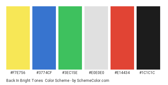 Back in Bright Tones - Color scheme palette thumbnail - #F7E756 #3774CF #3EC15E #E0E0E0 #E14434 #1C1C1C 