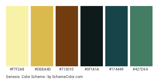 Genesis - Color scheme palette thumbnail - #F7F2A8 #DBBA4D #713D10 #0F1A1A #174449 #427D64 