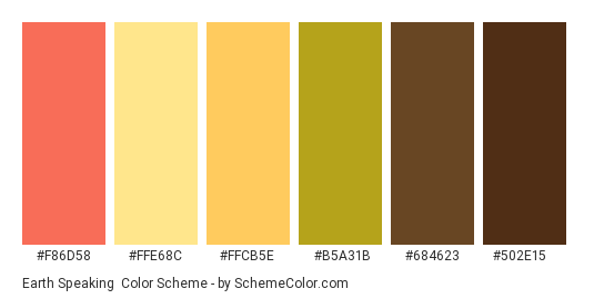Earth Speaking - Color scheme palette thumbnail - #F86D58 #FFE68C #FFCB5E #B5A31B #684623 #502E15 