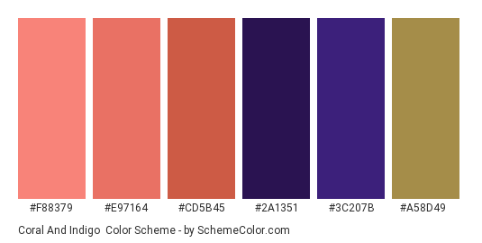 Coral and Indigo - Color scheme palette thumbnail - #F88379 #E97164 #CD5B45 #2A1351 #3C207B #A58D49 