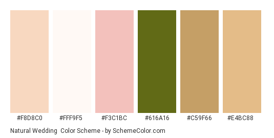 Natural Wedding - Color scheme palette thumbnail - #F8D8C0 #FFF9F5 #F3C1BC #616A16 #C59F66 #E4BC88 