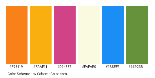 Birds Of Paradise - Color scheme palette thumbnail - #F98119 #FAAF11 #D14387 #FAFAE0 #1B8EF5 #66923B 