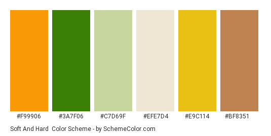 Soft and Hard - Color scheme palette thumbnail - #F99906 #3A7F06 #C7D69F #EFE7D4 #E9C114 #BF8351 