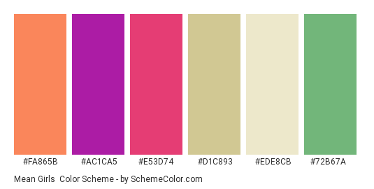 Mean Girls - Color scheme palette thumbnail - #FA865B #AC1CA5 #E53D74 #D1C893 #EDE8CB #72B67A 