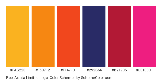 Robi Axiata Limited Logo - Color scheme palette thumbnail - #FAB220 #F68712 #F1471D #292B66 #B21935 #EE1E80 