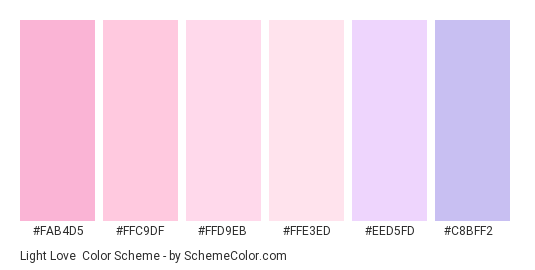 Light Love - Color scheme palette thumbnail - #FAB4D5 #FFC9DF #FFD9EB #FFE3ED #EED5FD #C8BFF2 