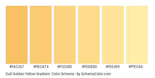 Dull Golden Yellow Gradient - Color scheme palette thumbnail - #FAC267 #FBCA74 #FCD380 #FDDB8D #FEE499 #FFECA6 