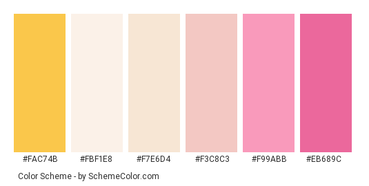 Wild Roses - Color scheme palette thumbnail - #FAC74B #FBF1E8 #F7E6D4 #F3C8C3 #F99ABB #EB689C 