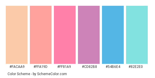 Water Colors - Color scheme palette thumbnail - #FACAA9 #FFA19D #FF81A9 #CD82B8 #54B6E4 #82E2E0 