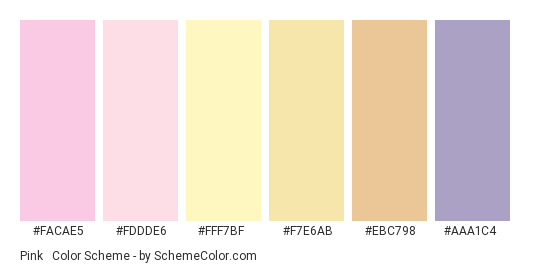Pink & Gold Wedding Pastels - Color scheme palette thumbnail - #FACAE5 #FDDDE6 #FFF7BF #F7E6AB #EBC798 #aaa1c4 