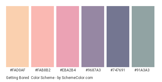 Getting Bored - Color scheme palette thumbnail - #FAD0AF #FAB8B2 #EBA2B4 #9687A3 #747691 #91A3A3 