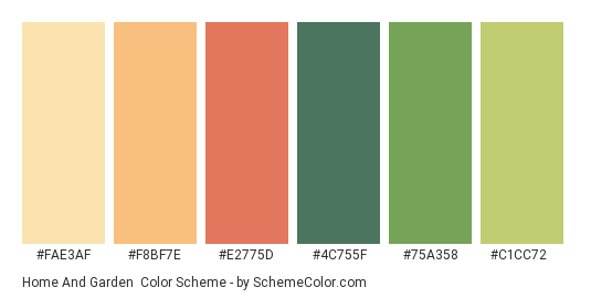 Home and garden - Color scheme palette thumbnail - #FAE3AF #F8BF7E #E2775D #4C755F #75A358 #C1CC72 