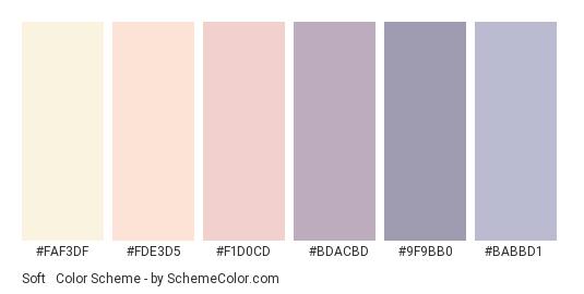 Soft & Relaxed - Color scheme palette thumbnail - #FAF3DF #FDE3D5 #F1D0CD #BDACBD #9F9BB0 #BABBD1 