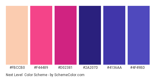 Next Level - Color scheme palette thumbnail - #FBCCB0 #F44489 #D02381 #2A207D #4136AA #4F49BD 