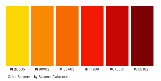 Fire Dahlia - Color scheme palette thumbnail - #FBD605 #F98902 #F66A03 #F11900 #C70501 #7C0102 