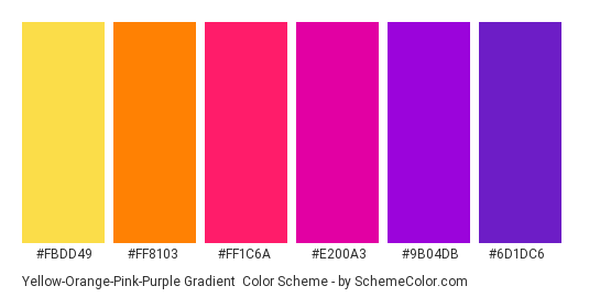 Yellow-Orange-Pink-Purple Gradient - Color scheme palette thumbnail - #FBDD49 #FF8103 #FF1C6A #E200A3 #9B04DB #6D1DC6 