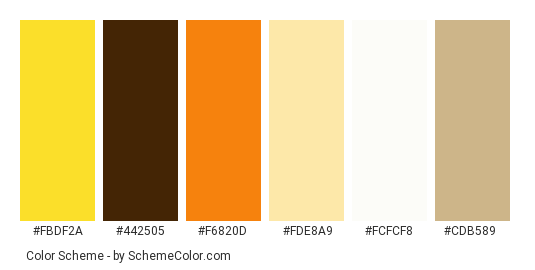 Decorative Shell - Color scheme palette thumbnail - #FBDF2A #442505 #F6820D #FDE8A9 #FCFCF8 #CDB589 
