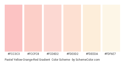 Pastel Yellow-Orange-Red Gradient - Color scheme palette thumbnail - #FCC3C3 #FCCFC8 #FCD8D2 #FDE0D2 #FDEEDA #FDF6E7 