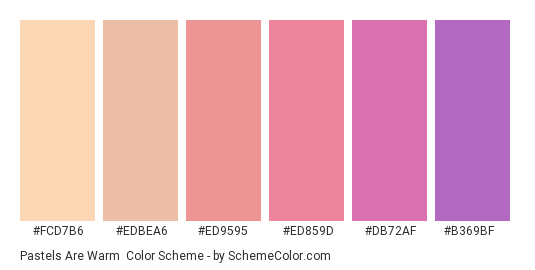 Pastels are Warm - Color scheme palette thumbnail - #FCD7B6 #EDBEA6 #ED9595 #ED859D #DB72AF #B369BF 