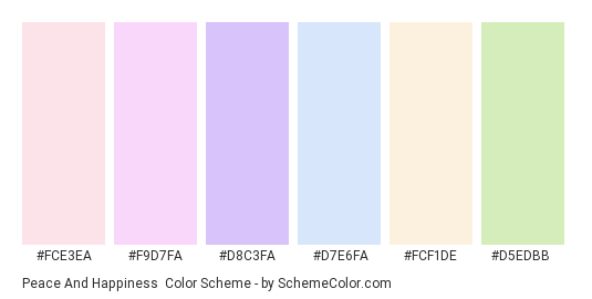 Peace and Happiness - Color scheme palette thumbnail - #FCE3EA #F9D7FA #D8C3FA #D7E6FA #FCF1DE #D5EDBB 
