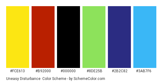 Uneasy Disturbance - Color scheme palette thumbnail - #FCE613 #B92000 #000000 #8DE25B #2B2C82 #3AB7F6 