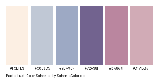 Pastel Lust - Color scheme palette thumbnail - #FCEFE3 #C0C8D5 #9DA9C4 #72638F #BA869F #D1ABB6 