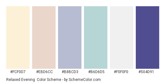 Relaxed Evening - Color scheme palette thumbnail - #FCF0D7 #EBD6CC #B8BCD3 #B6D6D5 #F0F0F0 #504D91 