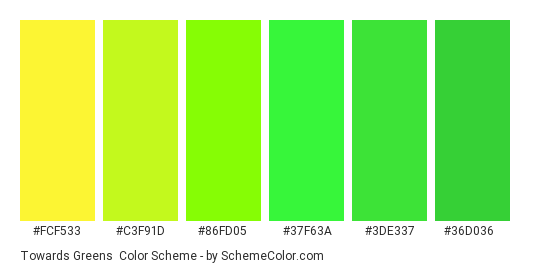 Towards Greens - Color scheme palette thumbnail - #FCF533 #C3F91D #86FD05 #37F63A #3DE337 #36D036 