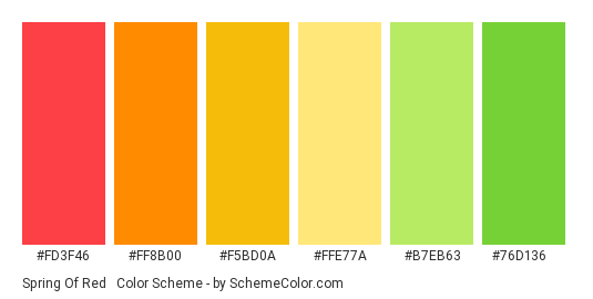 Spring of Red & Orange - Color scheme palette thumbnail - #FD3F46 #FF8B00 #F5BD0A #FFE77A #B7EB63 #76D136 