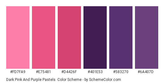 Dark Pink and Purple Pastels - Color scheme palette thumbnail - #FD7FA9 #E75481 #d4426f #401E53 #583270 #6A407D 