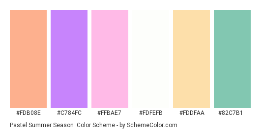 Pastel Summer Season - Color scheme palette thumbnail - #FDB08E #C784FC #FFBAE7 #FDFEFB #FDDFAA #82C7B1 