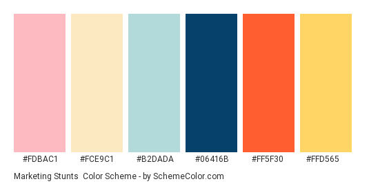 Marketing Stunts - Color scheme palette thumbnail - #FDBAC1 #FCE9C1 #B2DADA #06416B #FF5F30 #FFD565 