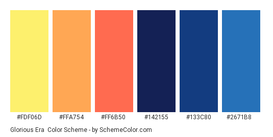 Glorious Era - Color scheme palette thumbnail - #FDF06D #FFA754 #FF6B50 #142155 #133C80 #2671B8 