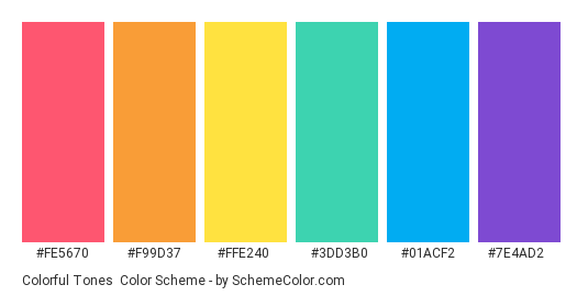 Colorful Tones - Color scheme palette thumbnail - #FE5670 #F99D37 #FFE240 #3DD3B0 #01ACF2 #7E4AD2 