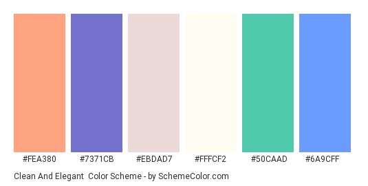 Clean and Elegant - Color scheme palette thumbnail - #FEA380 #7371CB #EBDAD7 #FFFCF2 #50CAAD #6A9CFF 