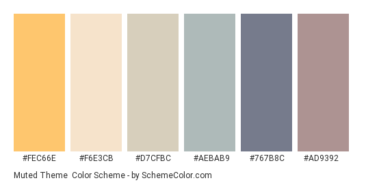 Muted Theme - Color scheme palette thumbnail - #FEC66E #F6E3CB #D7CFBC #AEBAB9 #767B8C #AD9392 