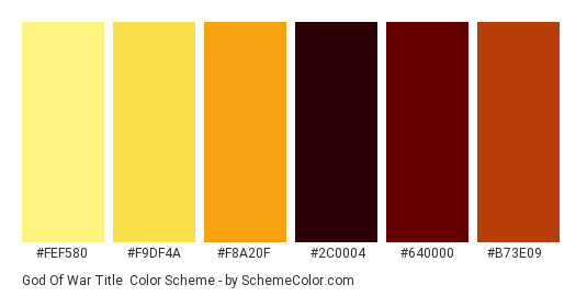 God of War Title - Color scheme palette thumbnail - #FEF580 #F9DF4A #F8A20F #2C0004 #640000 #B73E09 