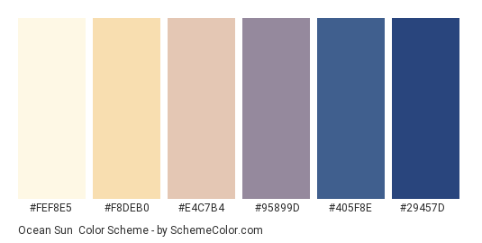 Ocean Sun - Color scheme palette thumbnail - #FEF8E5 #F8DEB0 #E4C7B4 #95899D #405F8E #29457D 