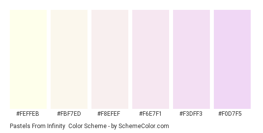 Pastels From Infinity - Color scheme palette thumbnail - #FEFFEB #FBF7ED #F8EFEF #F6E7F1 #F3DFF3 #F0D7F5 