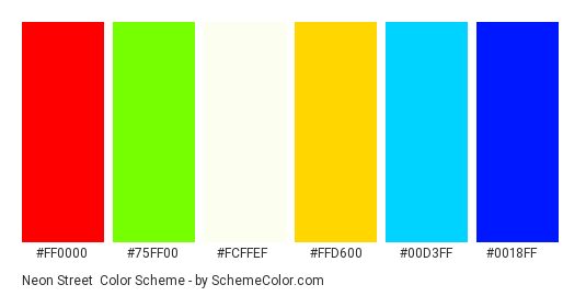 Neon Street - Color scheme palette thumbnail - #FF0000 #75FF00 #FCFFEF #FFD600 #00D3FF #0018FF 