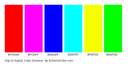 Digi or Digital - Color scheme palette thumbnail - #FF0000 #FF00FF #0000FF #00FFFF #F5FF00 #00FF00 