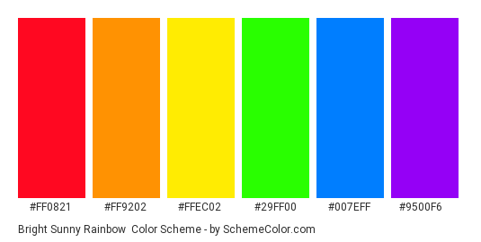 Bright Sunny Rainbow - Color scheme palette thumbnail - #FF0821 #FF9202 #FFEC02 #29FF00 #007EFF #9500F6 