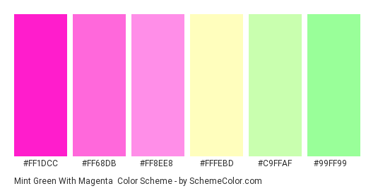 Mint Green with Magenta - Color scheme palette thumbnail - #FF1DCC #FF68DB #FF8EE8 #FFFEBD #C9FFAF #99FF99 