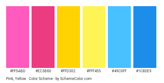 Pink, Yellow & Blue - Color scheme palette thumbnail - #FF5ABD #EC3B80 #FFD302 #FFF455 #49c0ff #1c8de9 
