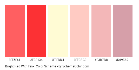 Bright Red with Pink - Color scheme palette thumbnail - #FF5F61 #FC3134 #FFFBD4 #FFCBC3 #F3B7B8 #D69FA9 