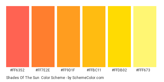 Shades of the Sun - Color scheme palette thumbnail - #FF6352 #FF7E2E #FF9D1F #FFBC11 #FFDB02 #FFF673 