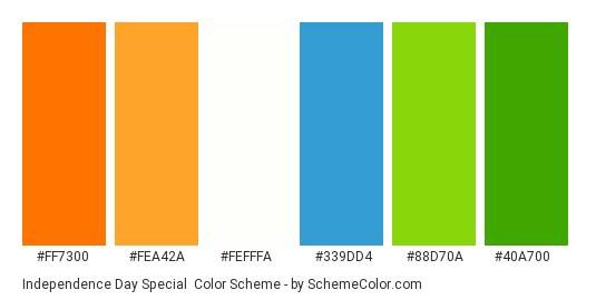Independence Day Special - Color scheme palette thumbnail - #FF7300 #FEA42A #FEFFFA #339DD4 #88D70A #40A700 