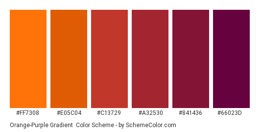 Orange-Purple Gradient - Color scheme palette thumbnail - #FF7308 #E05C04 #C13729 #A32530 #841436 #66023D 