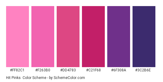 Hit Pinks - Color scheme palette thumbnail - #FF82C1 #F263B0 #DD4783 #C21F68 #6F308A #3C2B6E 