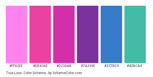 True Love - Color scheme palette thumbnail - #FF82EE #EB41A0 #D230AB #7A339E #377BC9 #42BCA4 